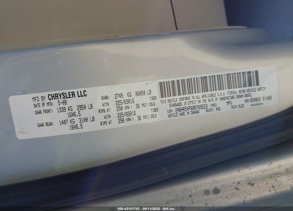 2008 CHRYSLER TOWN & COUNTRY TOURING VIN: 2A8HR54P68R769223