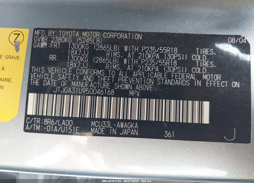 2005 LEXUS RX 330 VIN: JTJGA31U950046168