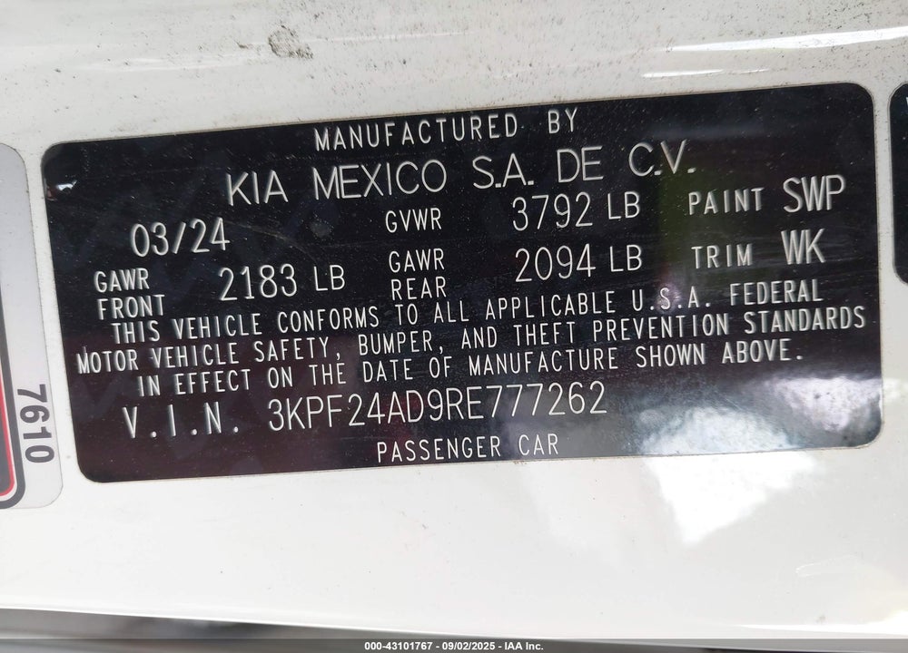 2024 KIA FORTE VIN: 3KPF24AD9RE777262