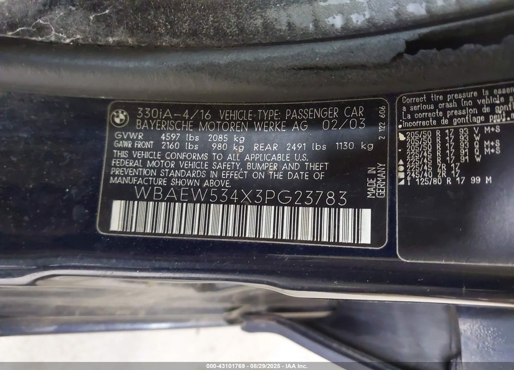 2003 BMW 330XI VIN: WBAEW534X3PG23783