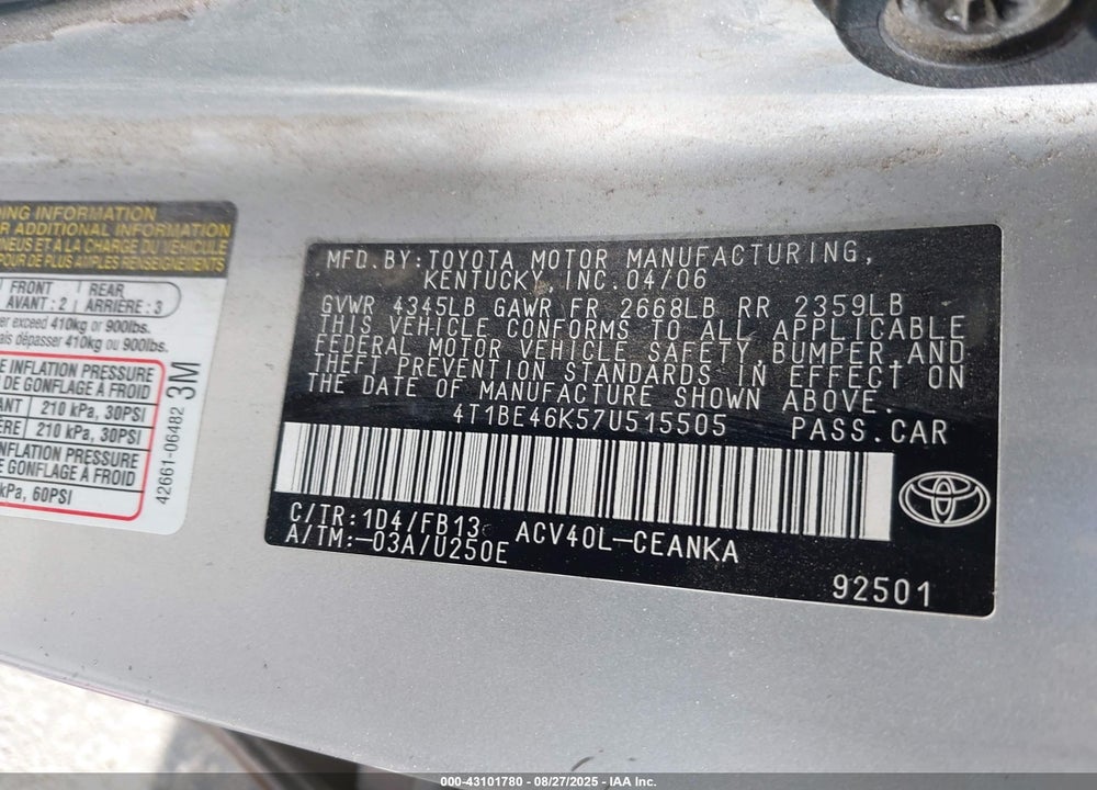 2007 TOYOTA CAMRY LE VIN: 4T1BE46K57U515505