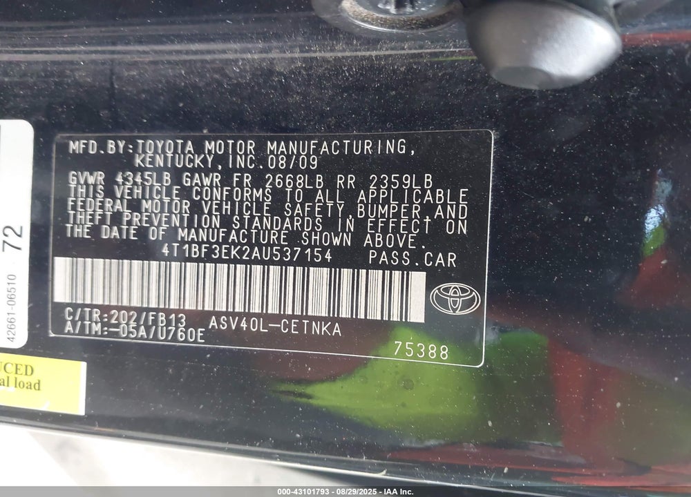 2010 TOYOTA CAMRY VIN: 4T1BF3EK2AU537154