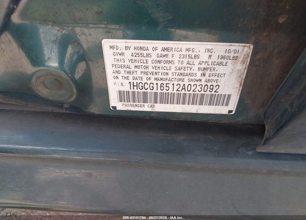2002 HONDA ACCORD 3.0 EX VIN: 1HGCG16512A023092