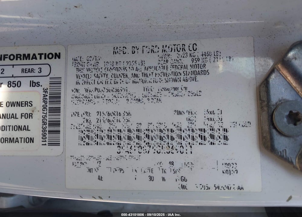 2016 FORD FUSION VIN: 3FA6P0G75GR369011