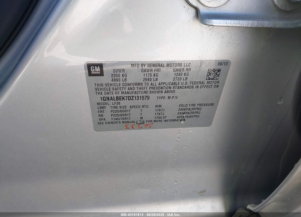 2013 CHEVROLET EQUINOX VIN: 1GNALBEK7DZ131579