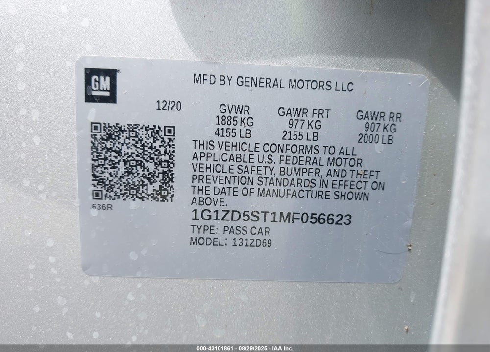 2021 CHEVROLET MALIBU VIN: 1G1ZD5ST1MF056623