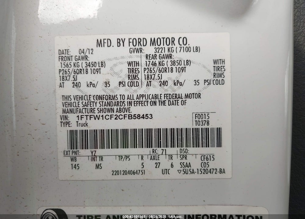 2012 FORD F-150 VIN: 1FTFW1CF2CFB58453