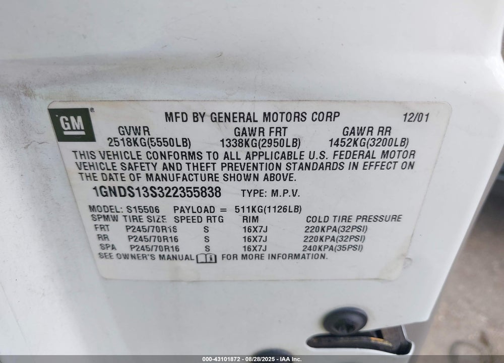2002 CHEVROLET TRAILBLAZER LS VIN: 1GNDS13S322355838