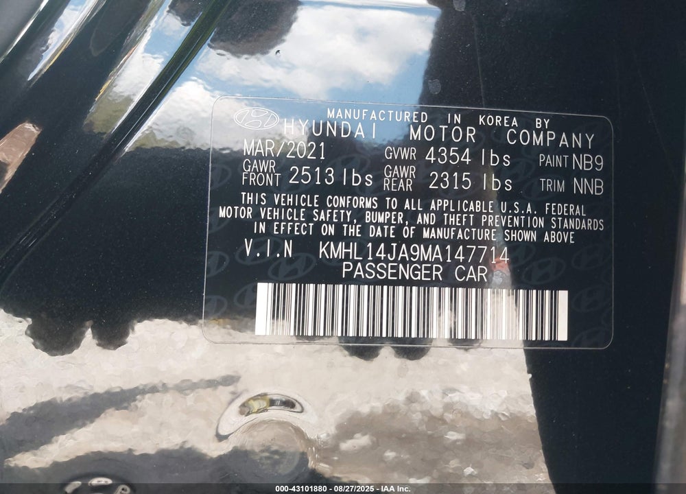2021 HYUNDAI SONATA VIN: KMHL14JA9MA147714