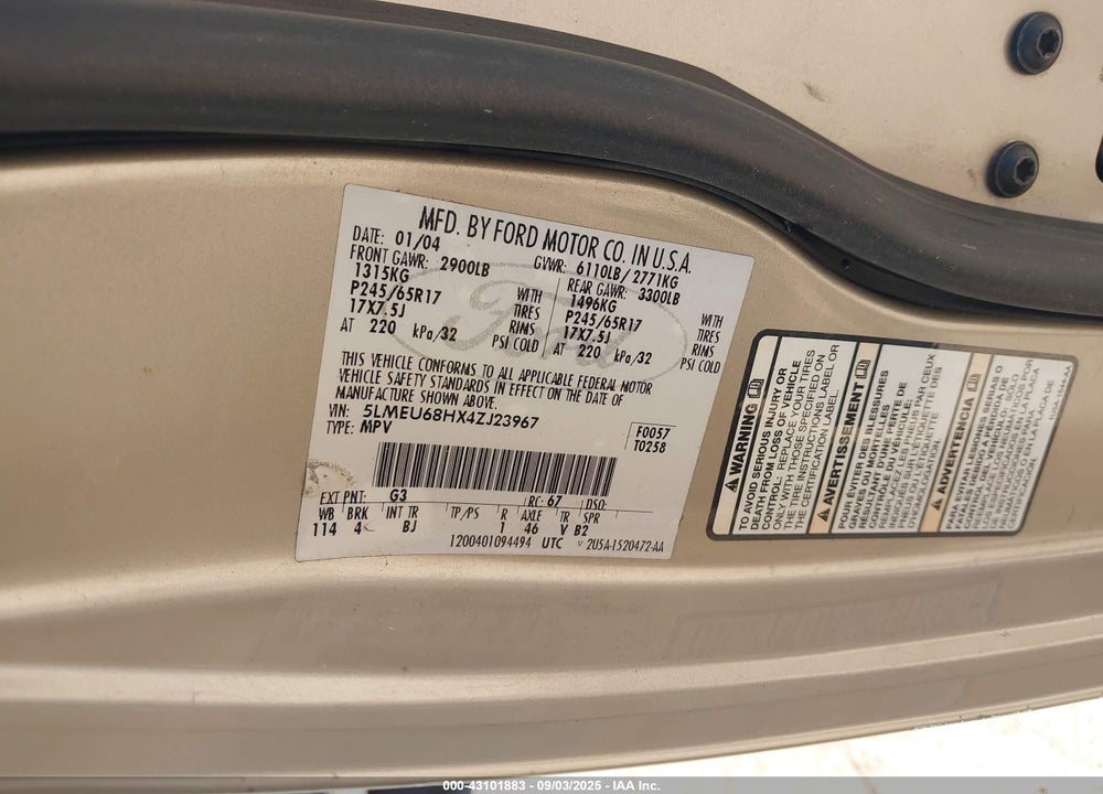 2004 LINCOLN AVIATOR VIN: 5LMEU68HX4ZJ23967