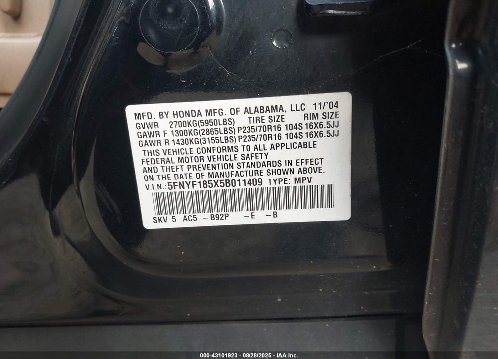 2005 HONDA PILOT EX-L VIN: 5FNYF185X5B011409