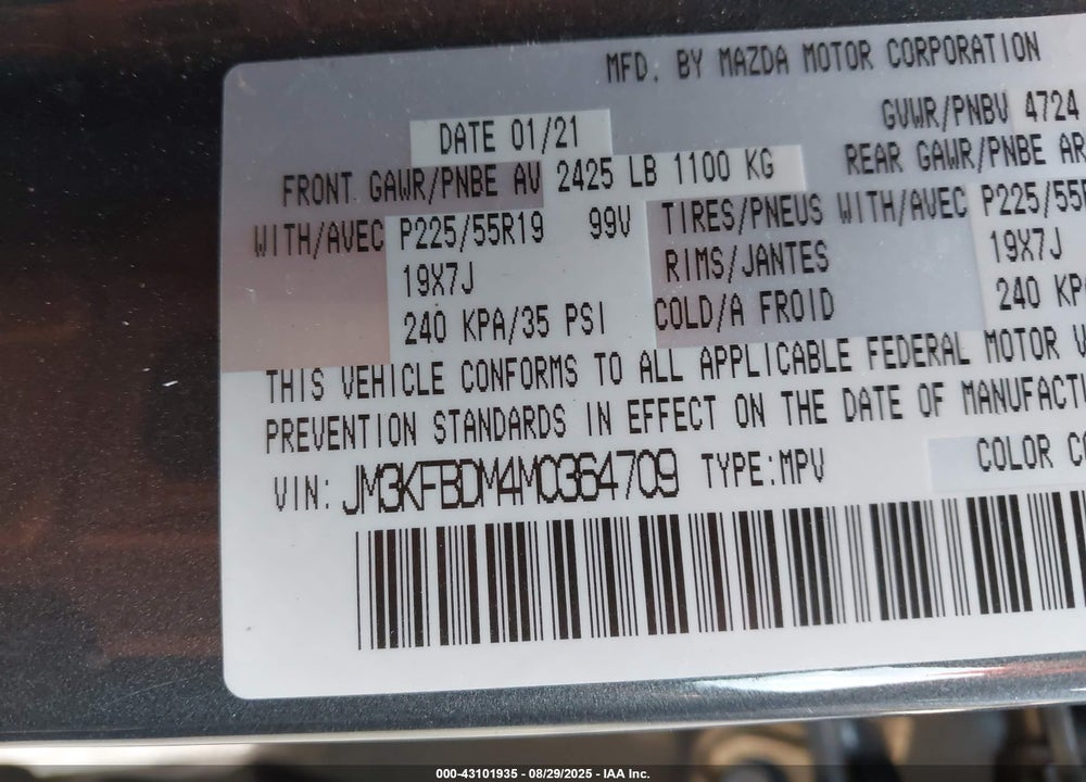 2021 MAZDA CX-5 VIN: JM3KFBDM4M0364709