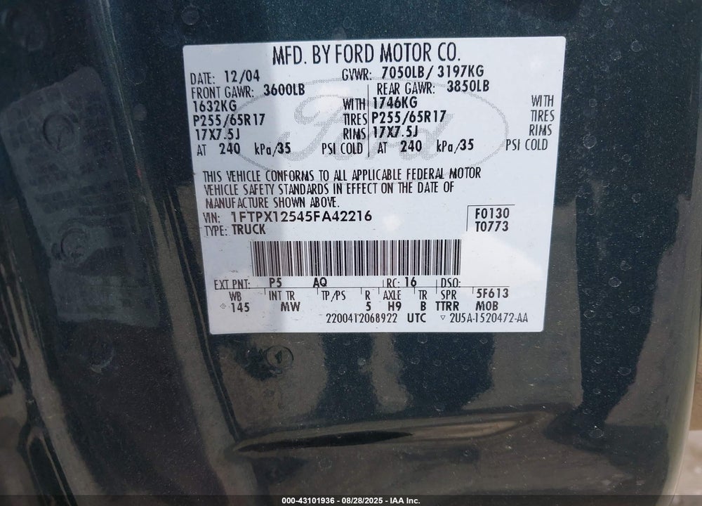2005 FORD F-150 LARIAT/XL/XLT VIN: 1FTPX12545FA42216