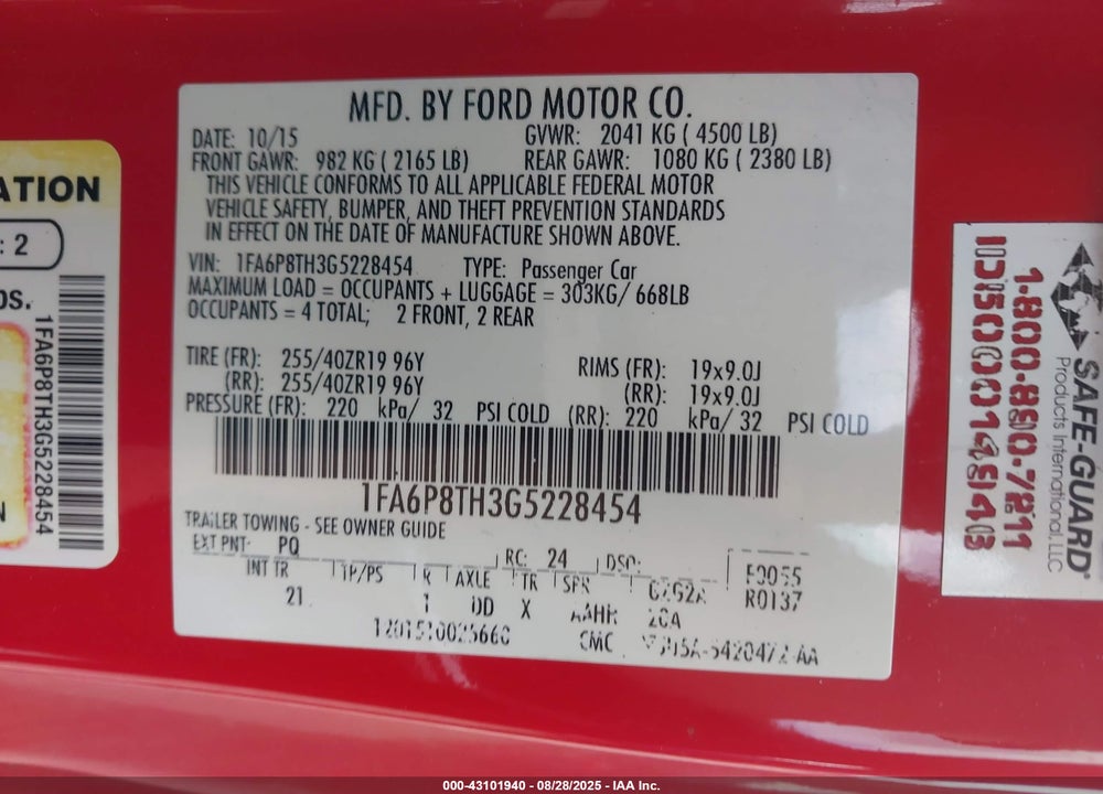 2016 FORD MUSTANG VIN: 1FA6P8TH3G5228454