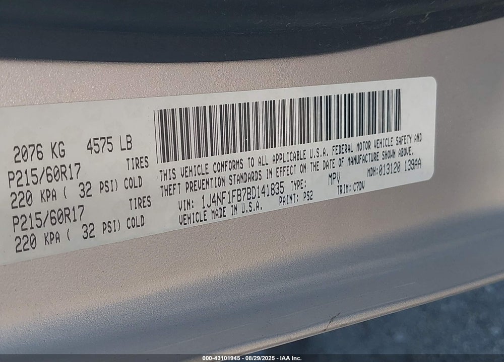 2011 JEEP COMPASS VIN: 1J4NF1FB7BD141835