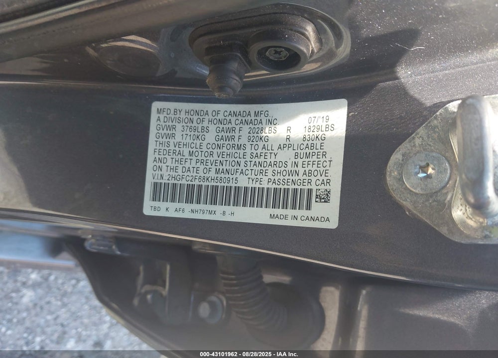 2019 HONDA CIVIC VIN: 2HGFC2F68KH580915