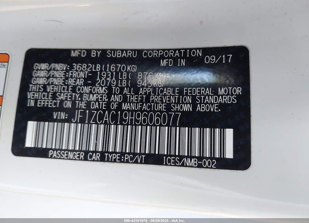 2017 SUBARU BRZ VIN: JF1ZCAC19H9606077