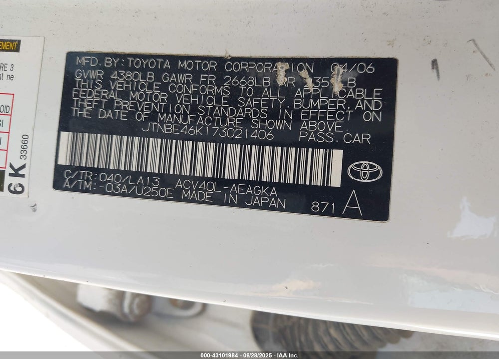 2007 TOYOTA CAMRY XLE VIN: JTNBE46K173021406
