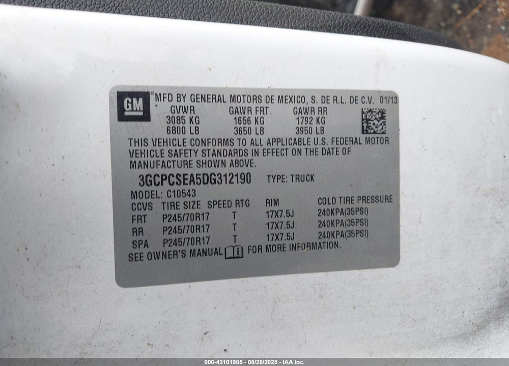 2013 CHEVROLET SILVERADO 1500 VIN: 3GCPCSEA5DG312190