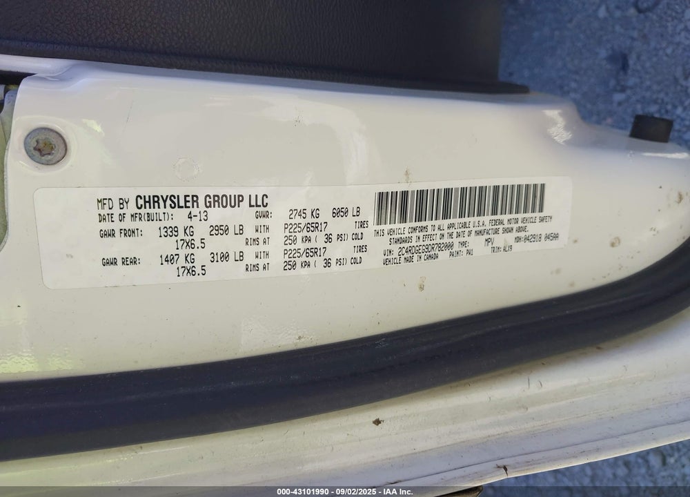 2013 DODGE GRAND CARAVAN R/T VIN: 2C4RDGEG9DR782000