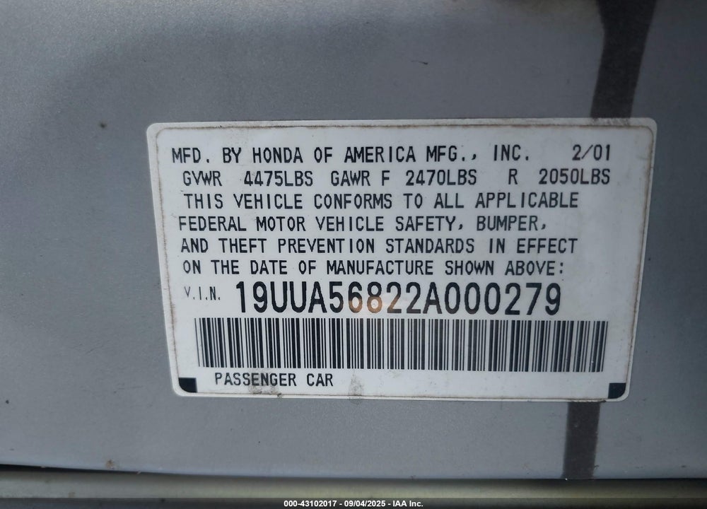 2002 ACURA TL 3.2 TYPE S VIN: 19UUA56822A000279