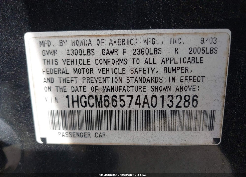 2004 HONDA ACCORD 3.0 EX VIN: 1HGCM66574A013286