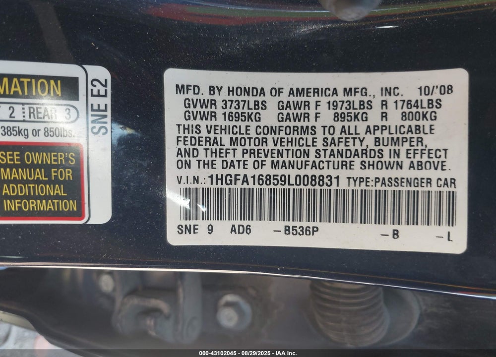 2009 HONDA CIVIC VIN: 1HGFA16859L008831