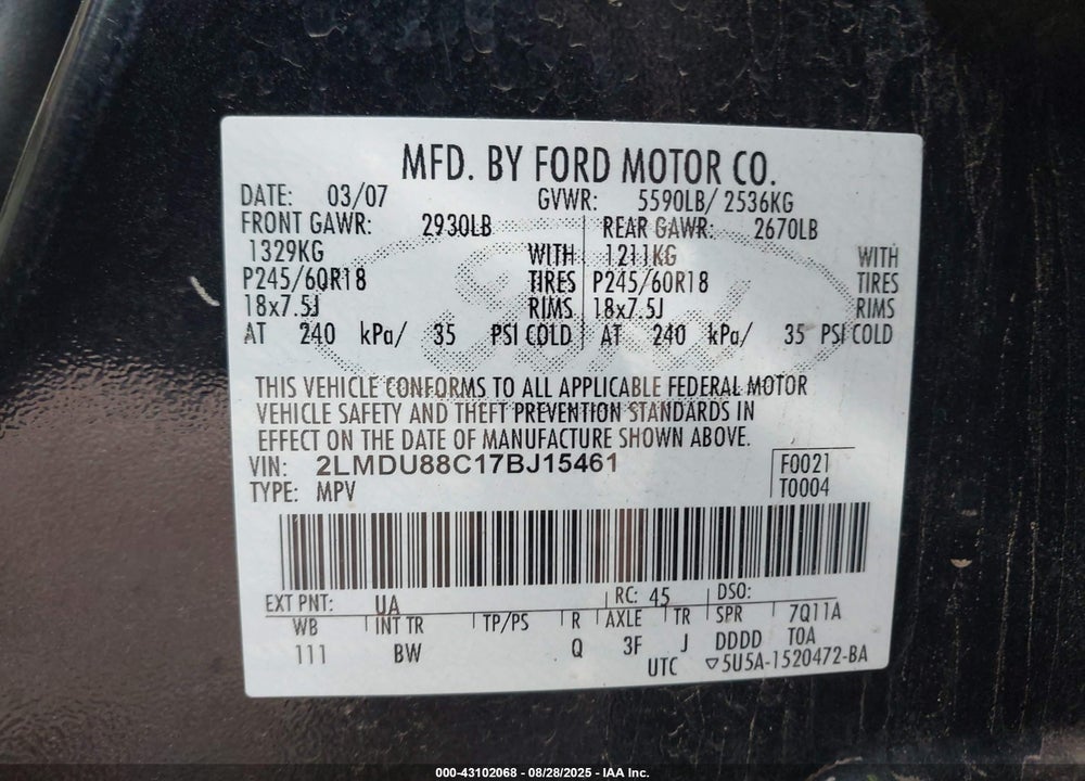 2007 LINCOLN MKX VIN: 2LMDU88C17BJ15461