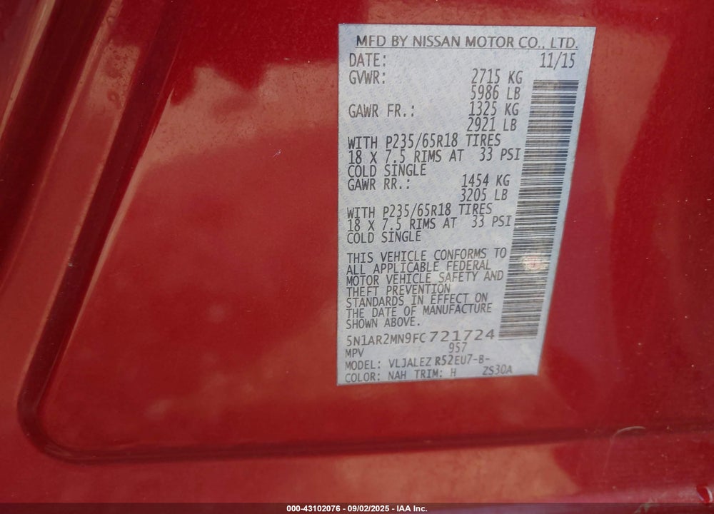 2015 NISSAN PATHFINDER VIN: 5N1AR2MN9FC721724