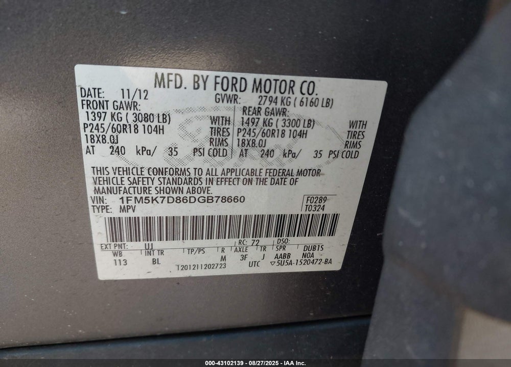 2013 FORD EXPLORER XLT VIN: 1FM5K7D86DGB78660