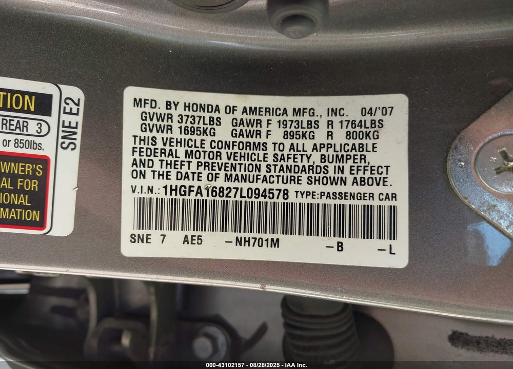 2007 HONDA CIVIC EX VIN: 1HGFA16827L094578