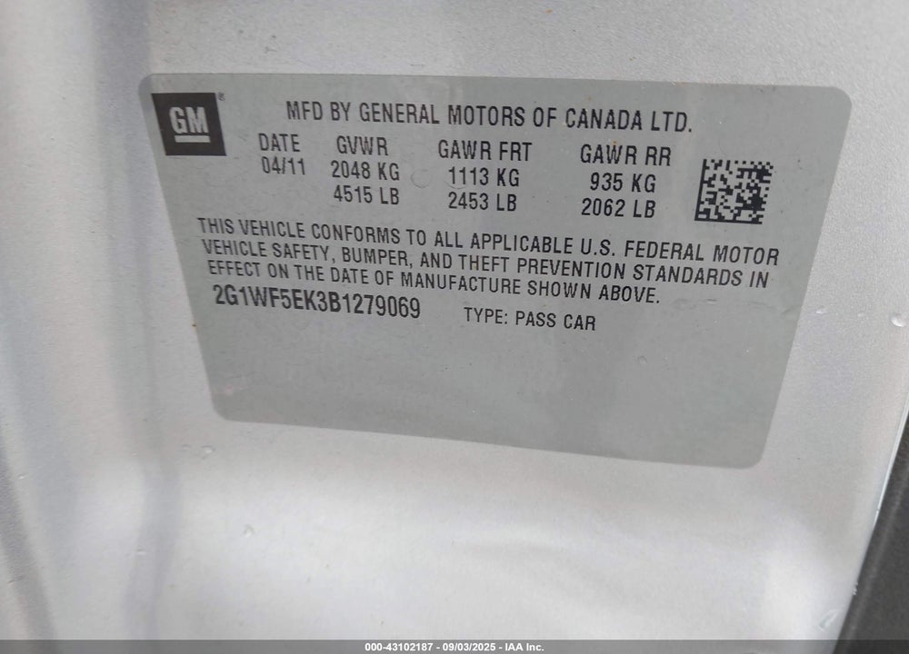 2011 CHEVROLET IMPALA VIN: 2G1WF5EK3B1279069