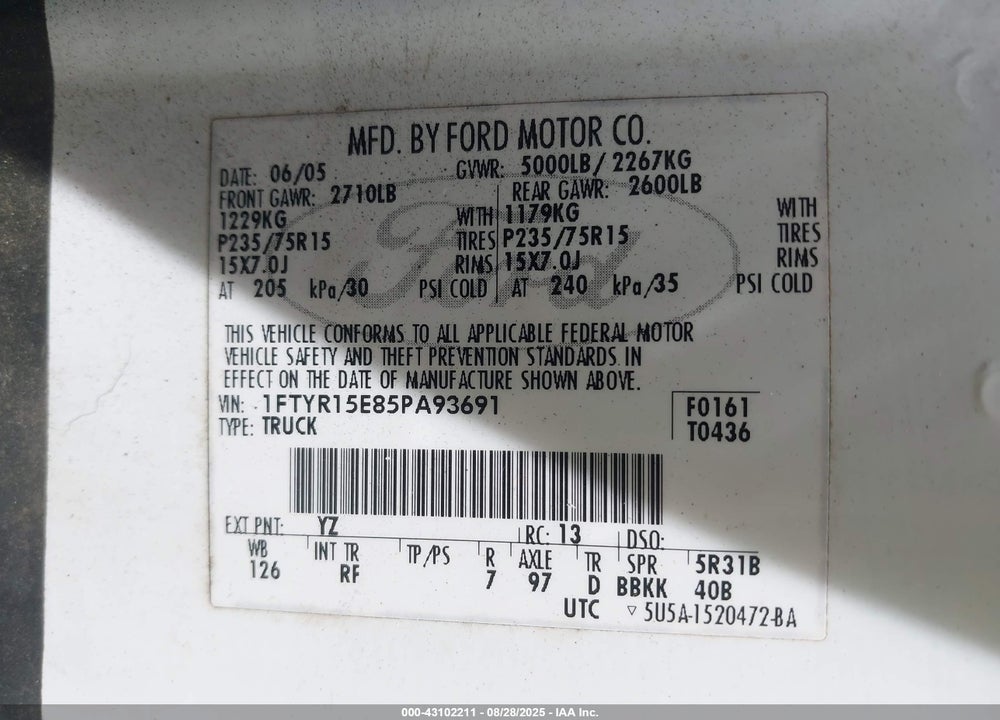 2005 FORD RANGER EDGE/XL/XLT VIN: 1FTYR15E85PA93691