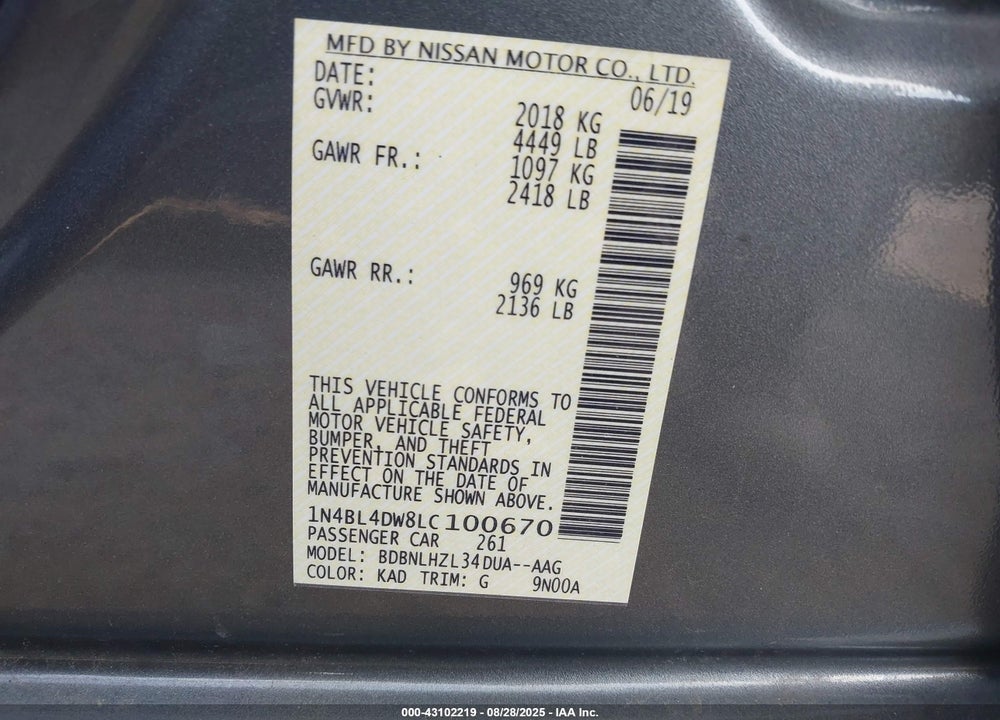2020 NISSAN ALTIMA VIN: 1N4BL4DW8LC100670