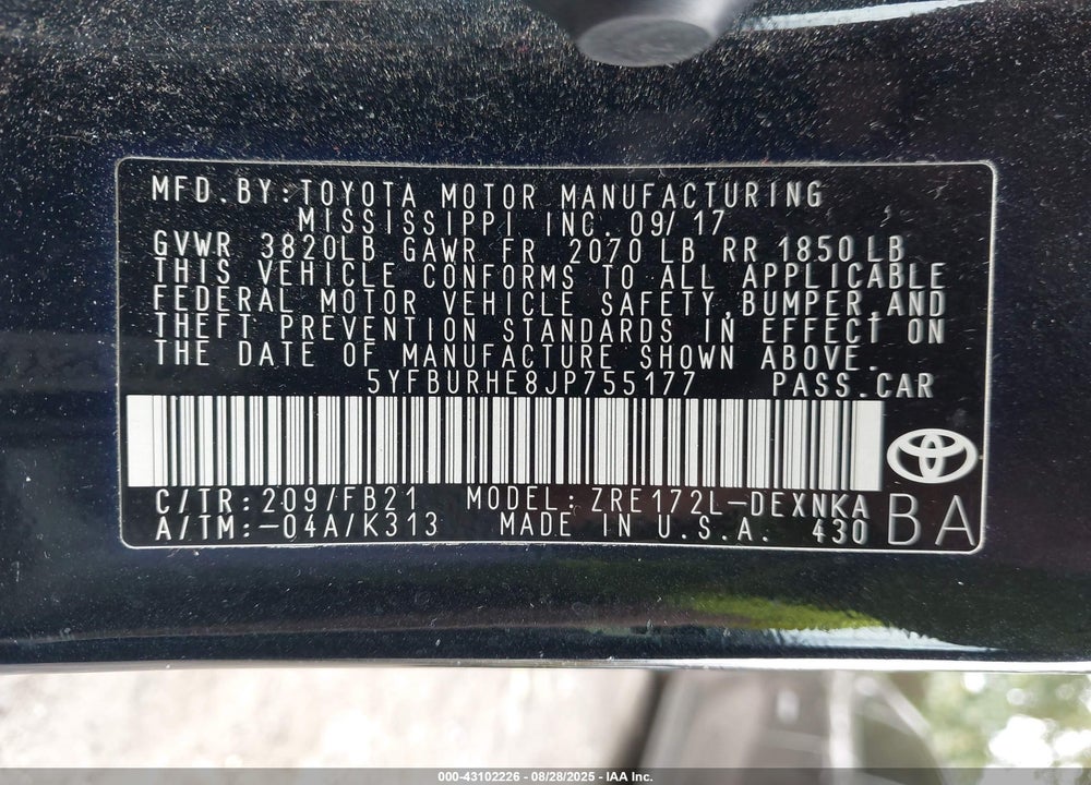2018 TOYOTA COROLLA VIN: 5YFBURHE8JP755177