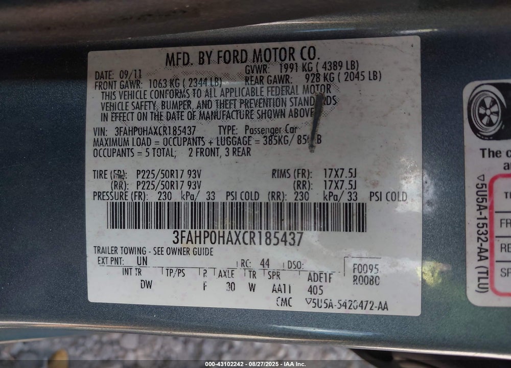 2012 FORD FUSION VIN: 3FAHP0HAXCR185437