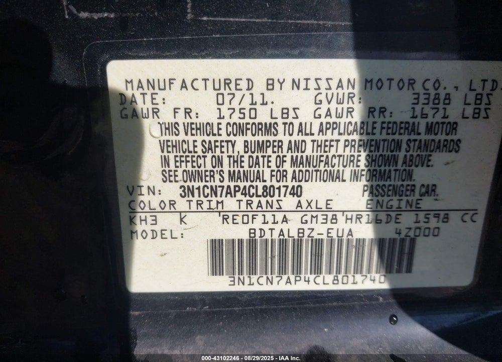 2012 NISSAN VERSA 1.6 SV VIN: 3N1CN7AP4CL801740