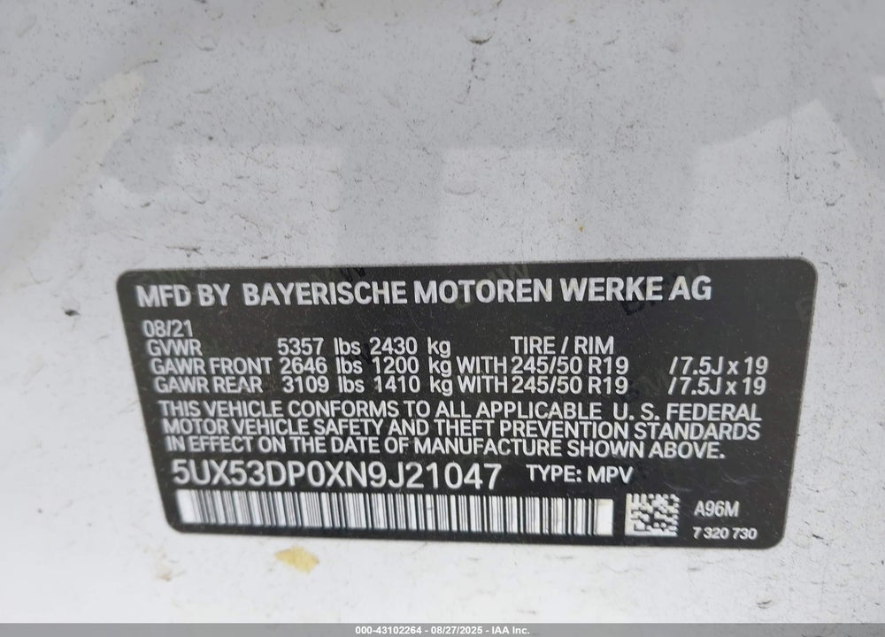 2022 BMW X3 VIN: 5UX53DP0XN9J21047