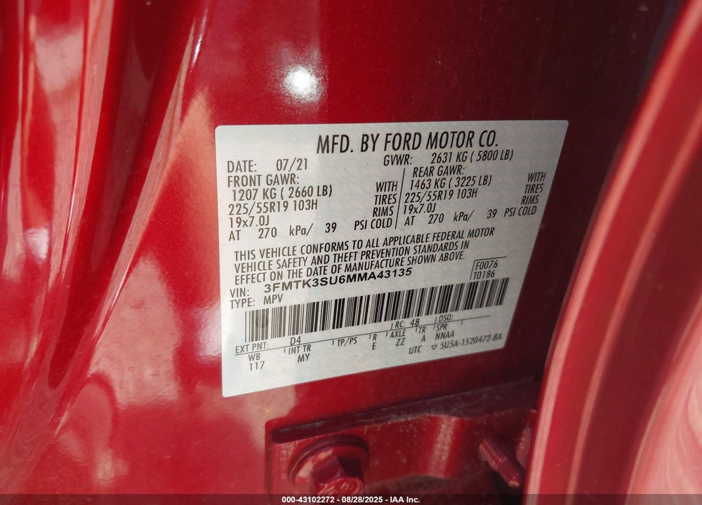 2021 FORD MUSTANG MACH-E VIN: 3FMTK3SU6MMA43135