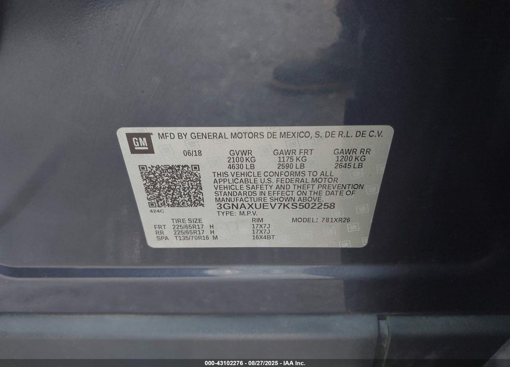 2019 CHEVROLET EQUINOX VIN: 3GNAXUEV7KS502258