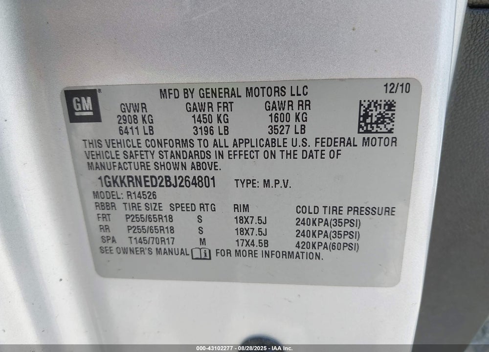 2011 GMC ACADIA SL VIN: 1GKKRNED2BJ264801
