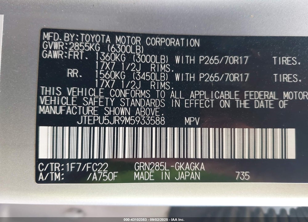 2021 TOYOTA 4RUNNER TRD OFF ROAD VIN: JTEPU5JR9M5933588