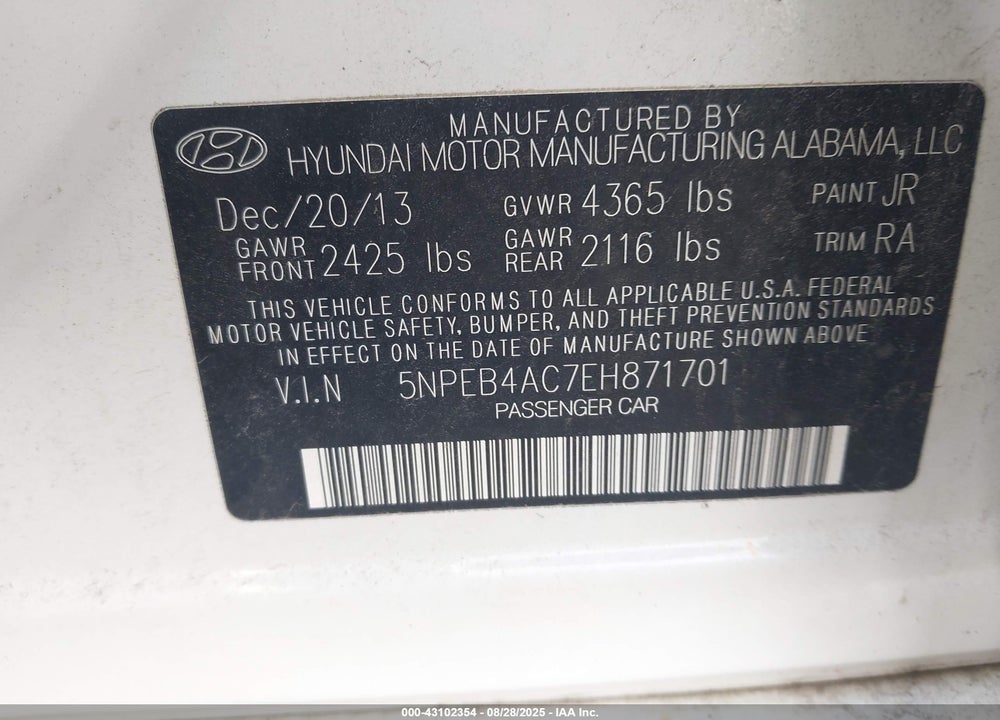 2014 HYUNDAI SONATA GLS VIN: 5NPEB4AC7EH871701