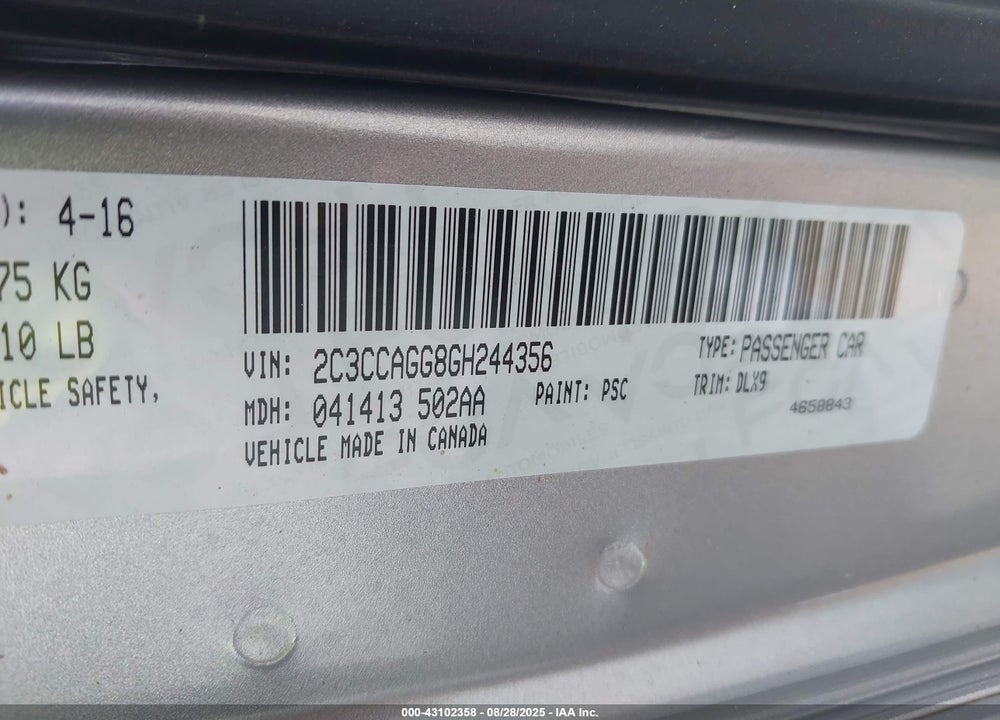 2016 CHRYSLER 300 VIN: 2C3CCAGG8GH244356