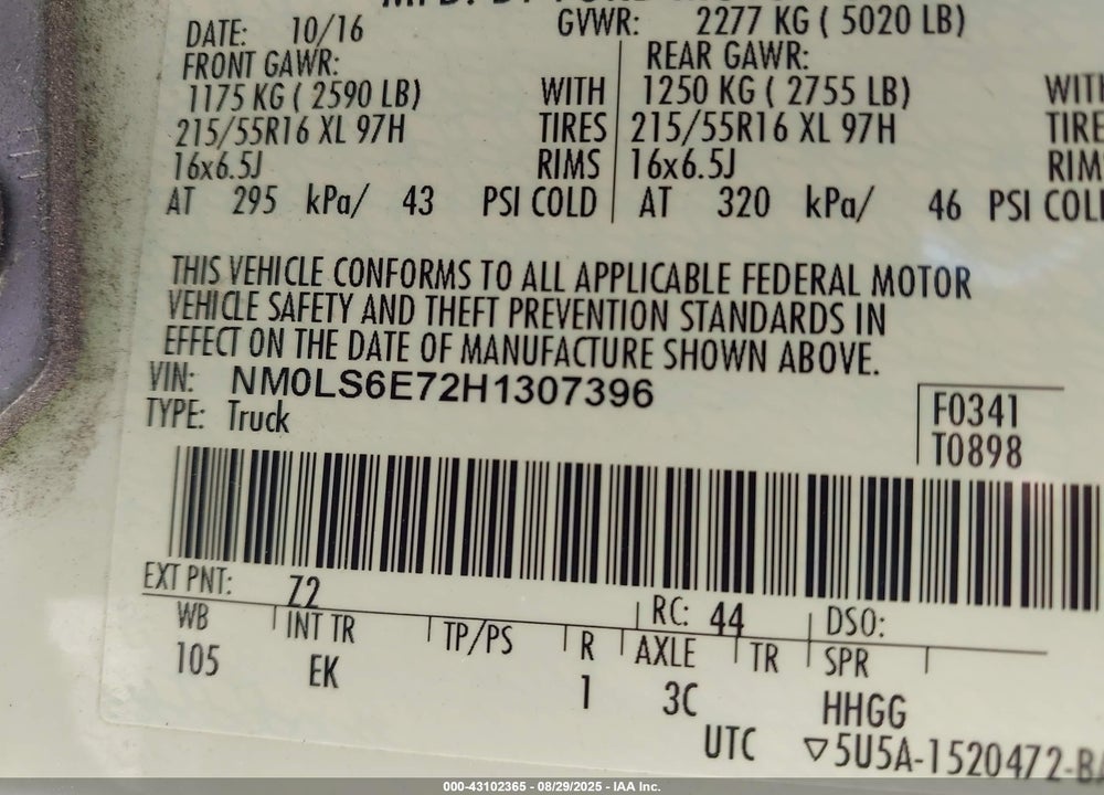 2017 FORD TRANSIT CONNECT XL VIN: NM0LS6E72H1307396