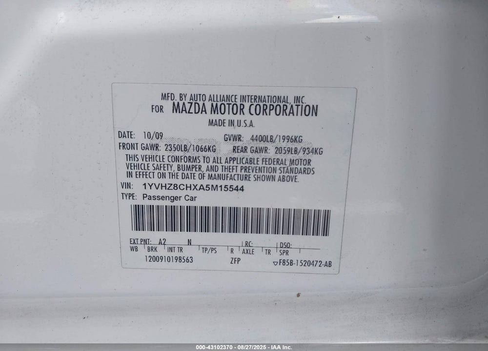2010 MAZDA 6 VIN: 1YVHZ8CHXA5M15544