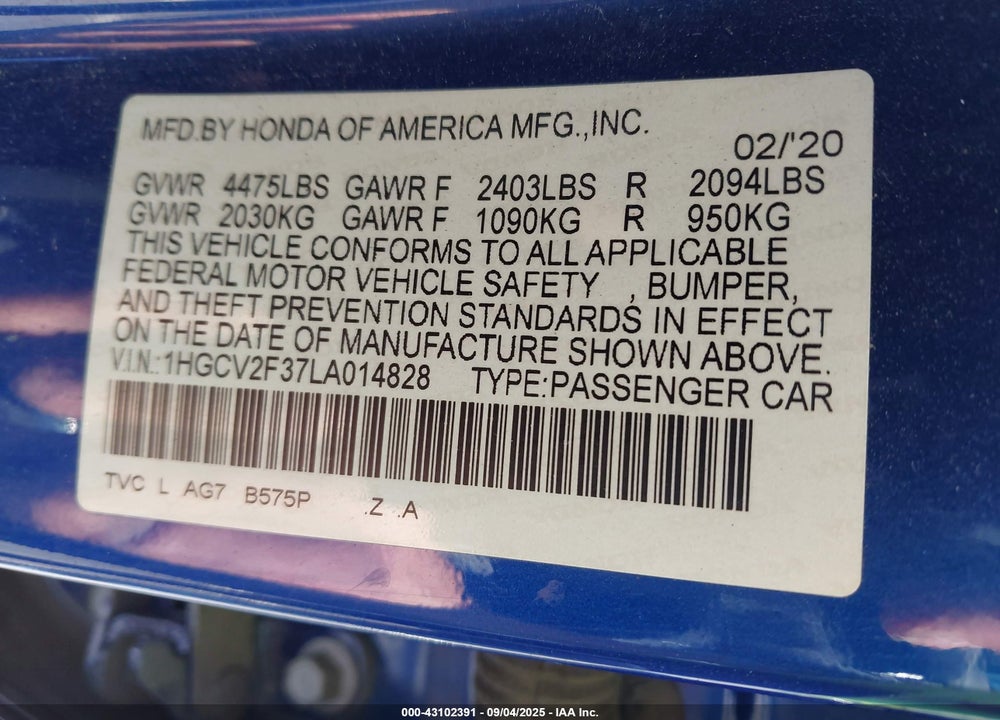 2020 HONDA ACCORD VIN: 1HGCV2F37LA014828