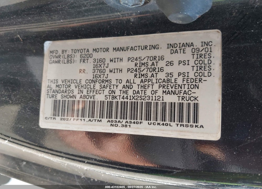 2002 TOYOTA TUNDRA SR5 V8 VIN: 5TBKT441X2S231121