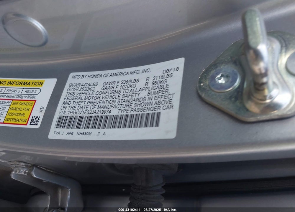 2018 HONDA ACCORD SPORT VIN: 1HGCV1F33JA219974