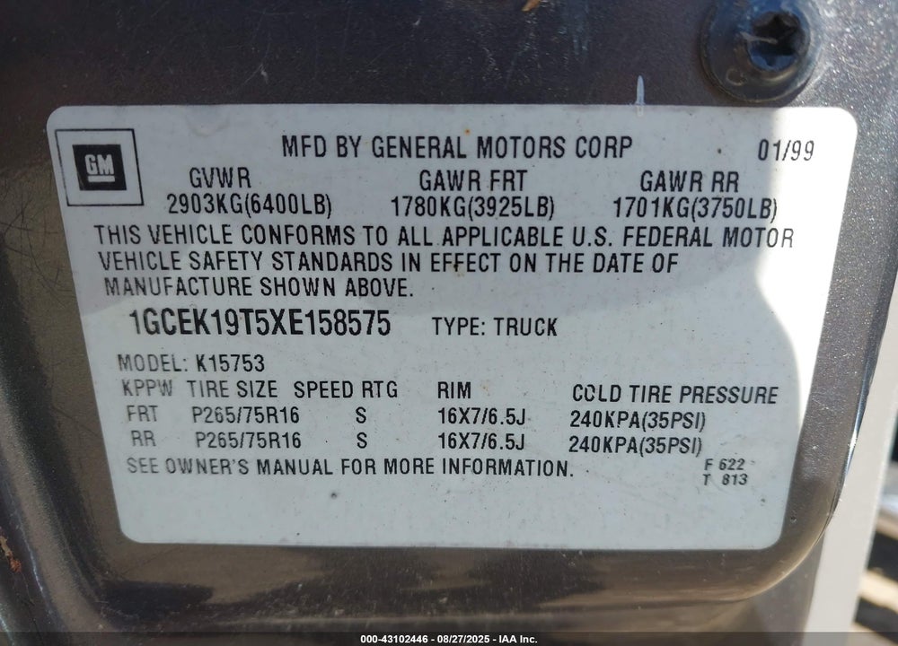 1999 CHEVROLET SILVERADO 1500 LS VIN: 1GCEK19T5XE158575